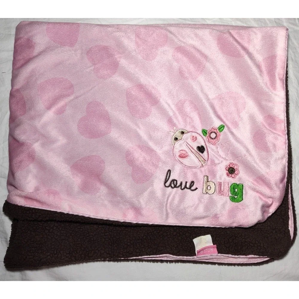 Kristen Hanah‎ Plush Ladybug Love Bug Baby Blanket Pink Hearts Brown Sherpa